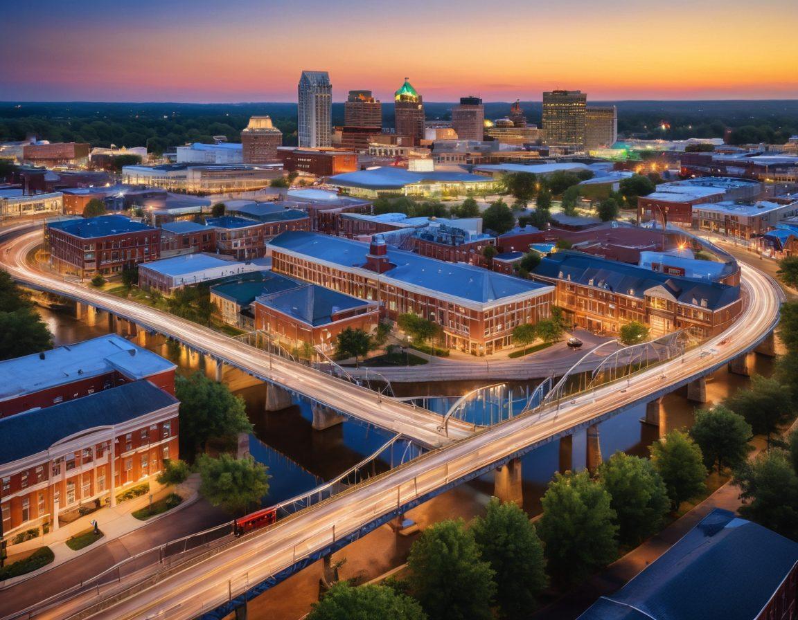 A vibrant cityscape of Lexington showcasing key infrastructure elements like bridges and roads, intertwined with bluegrass music symbols such as banjos and fiddles. The scene should feature diverse people connecting in a lively environment, emphasizing community and celebration. Use warm lighting to create an inviting atmosphere, with lush greenery symbolizing bluegrass. super-realistic. vibrant colors. 3D.