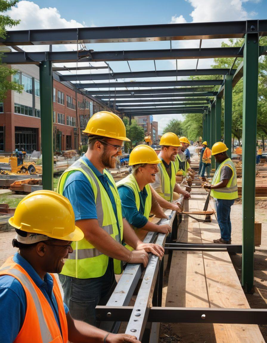 A vibrant community scene in Lexington, showcasing people of diverse backgrounds joyfully collaborating on a steel construction project, surrounded by green parks and modern buildings. Highlight smiles and teamwork among individuals, with steel beams and tools in the foreground. The sky is bright and clear, symbolizing hope and resilience. super-realistic. vibrant colors.
