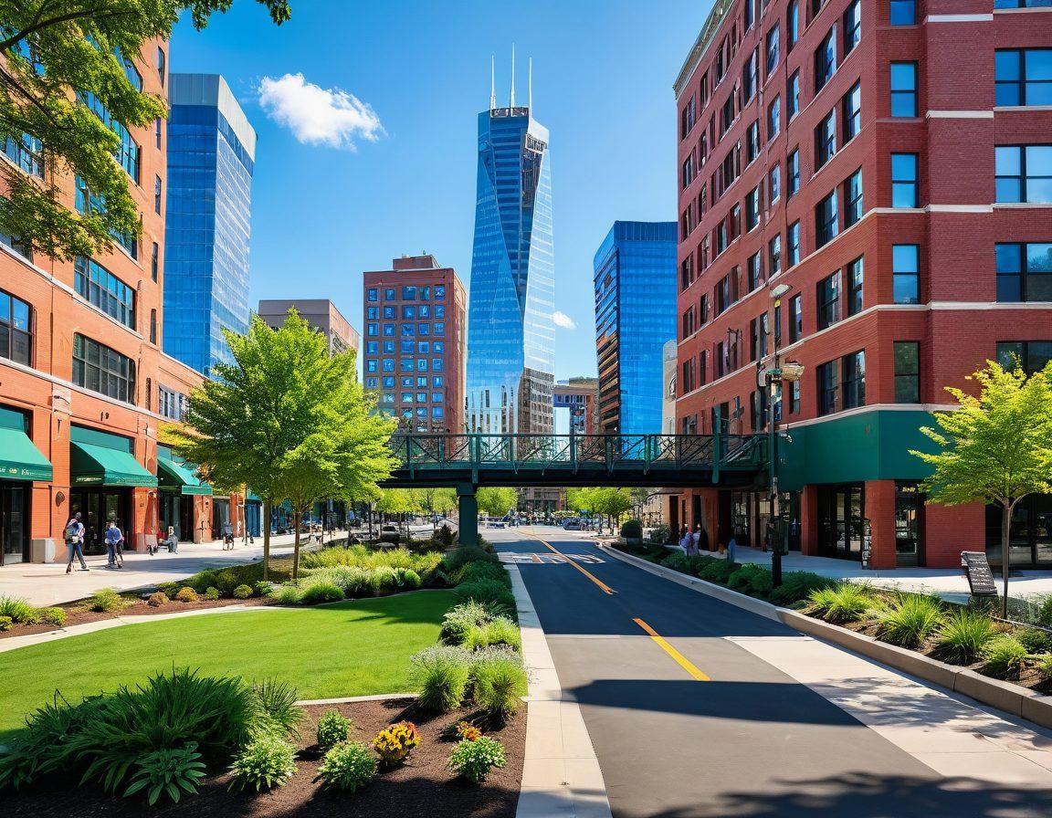 A vibrant cityscape of Lexington showcasing resilient steel structures like modern skyscrapers and bridges, intertwined with lush green parks and cheerful pedestrians enjoying their surroundings. Include elements like sunlight filtering through the buildings and colorful murals on walls that represent the community spirit. The scene should radiate joy and positivity, encapsulating the essence of transformation from industrial strength to urban happiness. super-realistic. vibrant colors. 3D.